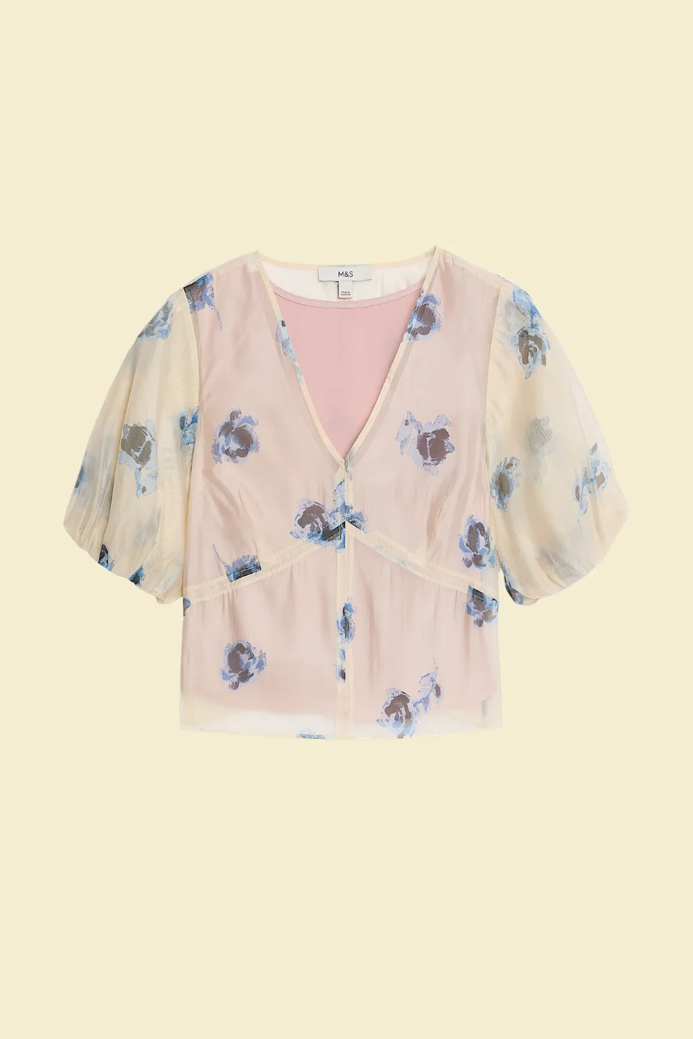 marks and spencer organza puff sleeve white blouse with blue floral print