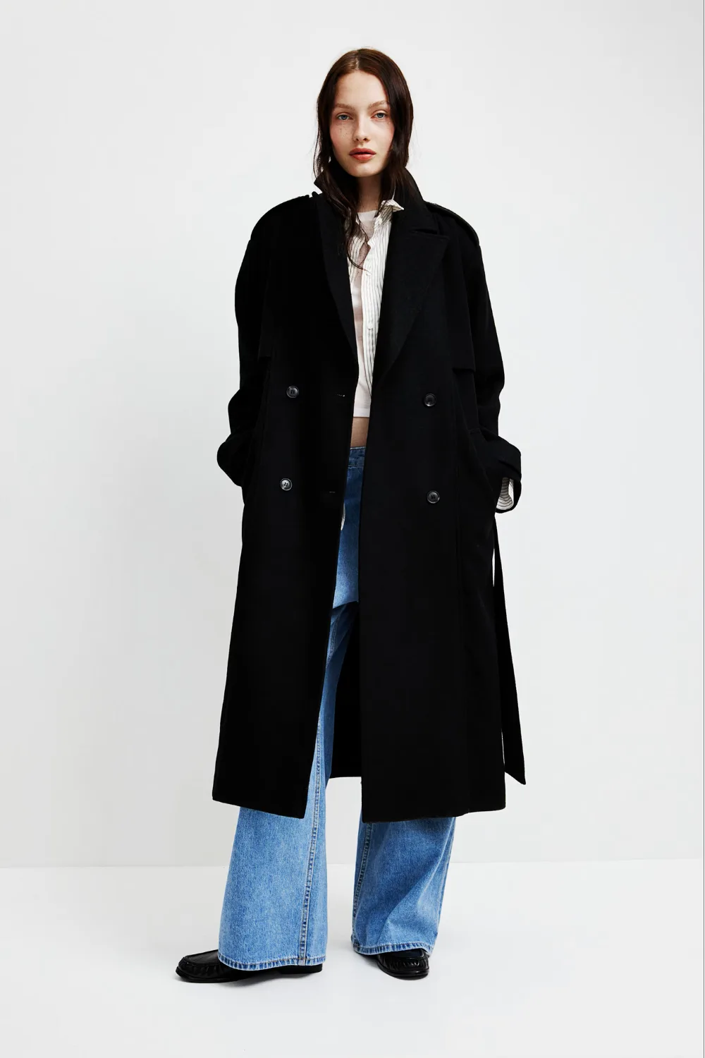 H&M brushed finish twill black trench coat