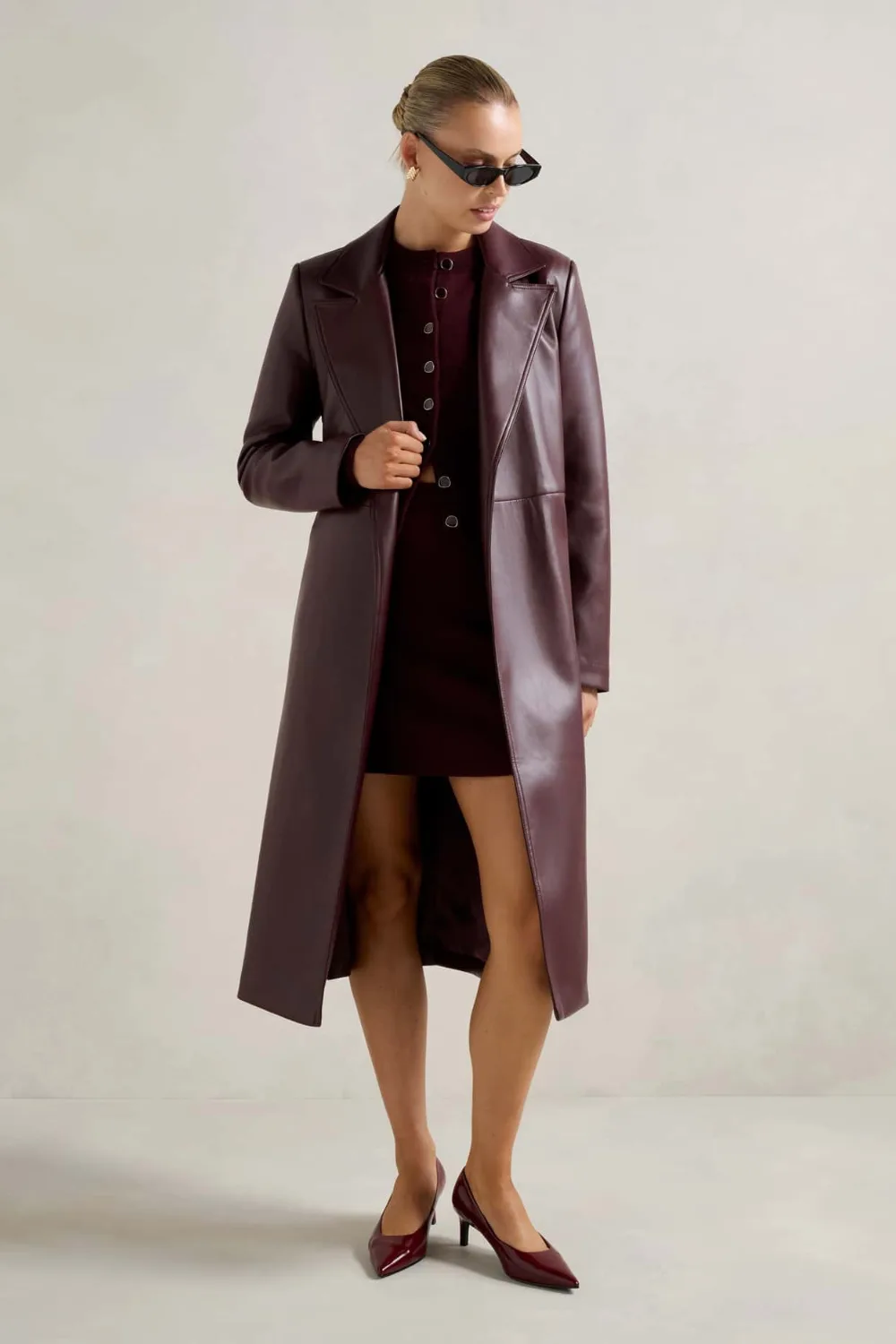 forever new gabbi vegan leather berry trench coat