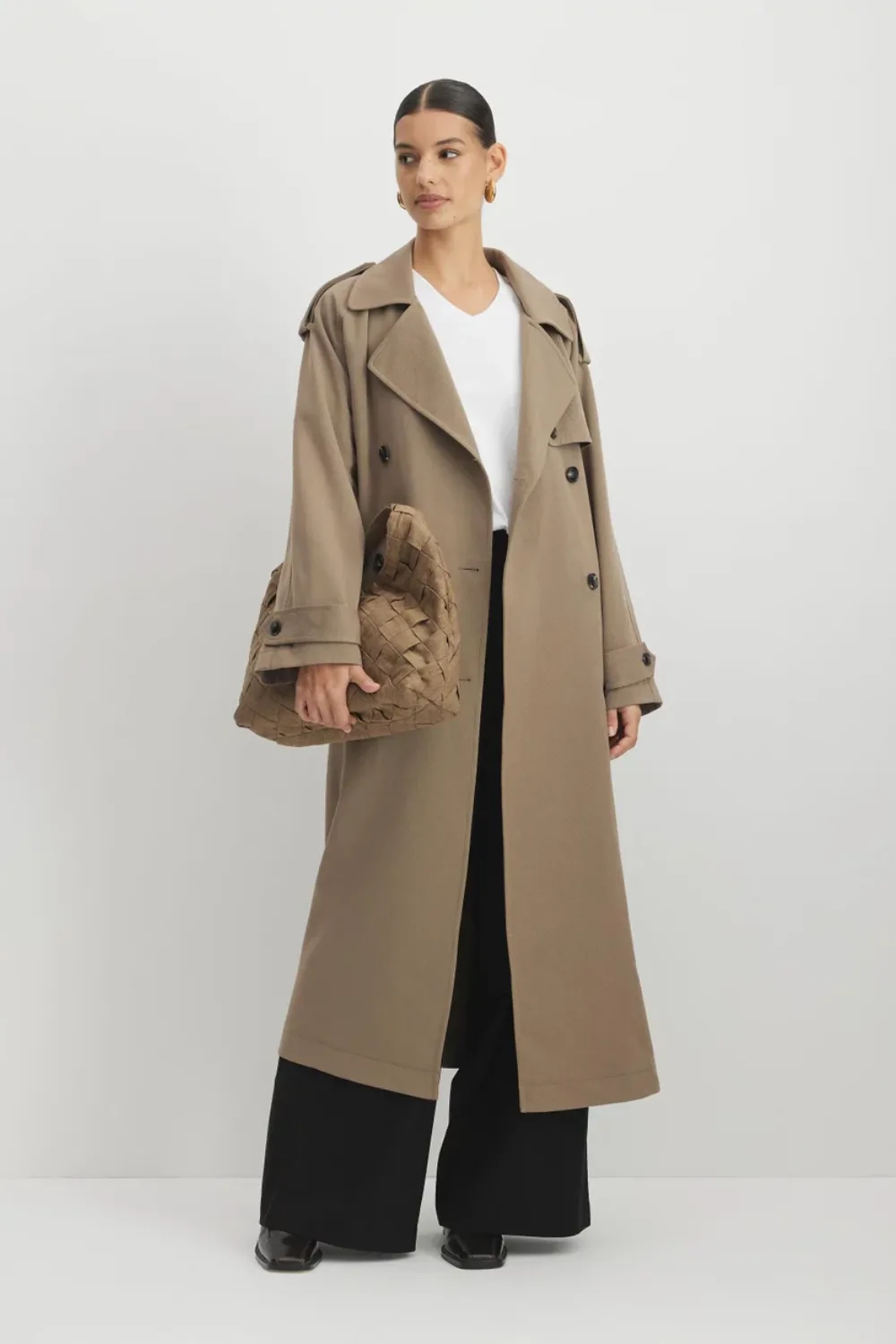 aere mina oversized draped trench coat khaki from the iconic