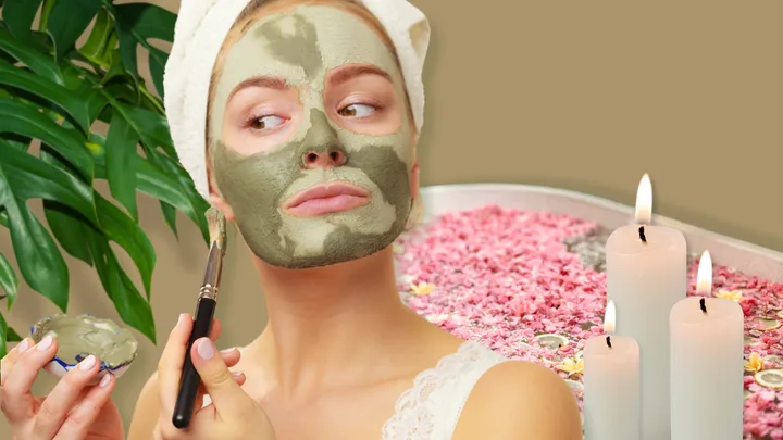 Women applying mud facial in diy home spa