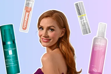 Jessica Chastain surrounded by new beauty products