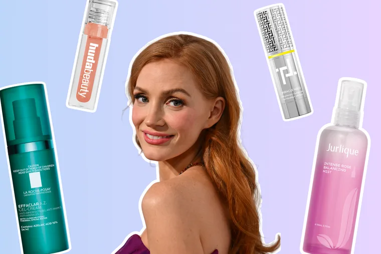 Jessica Chastain surrounded by new beauty products
