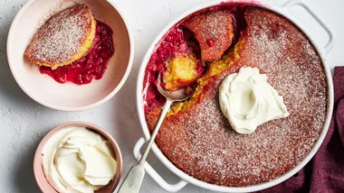 Jam Donut Pudding served with cream