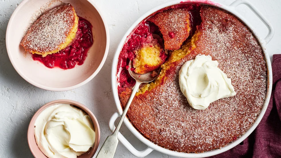 Jam Donut Pudding served with cream