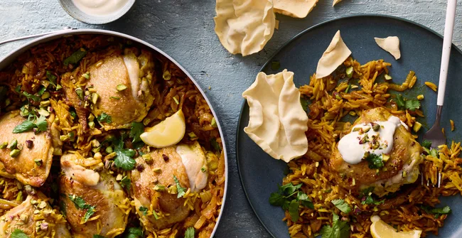 Tikka Masala Chicken Pilaf served with yoghurt and pappadams
