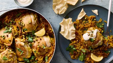 Tikka Masala Chicken Pilaf served with yoghurt and pappadams