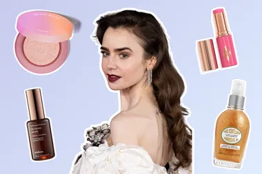 Lily collins surrounded by new beauty products