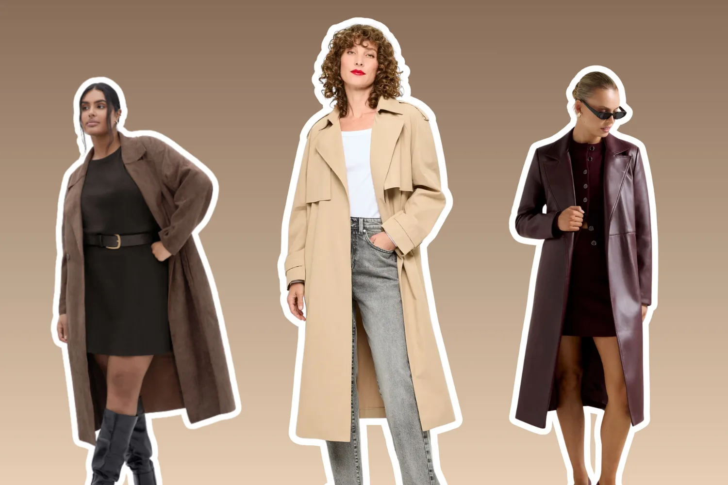 three models wearing winter trench coats