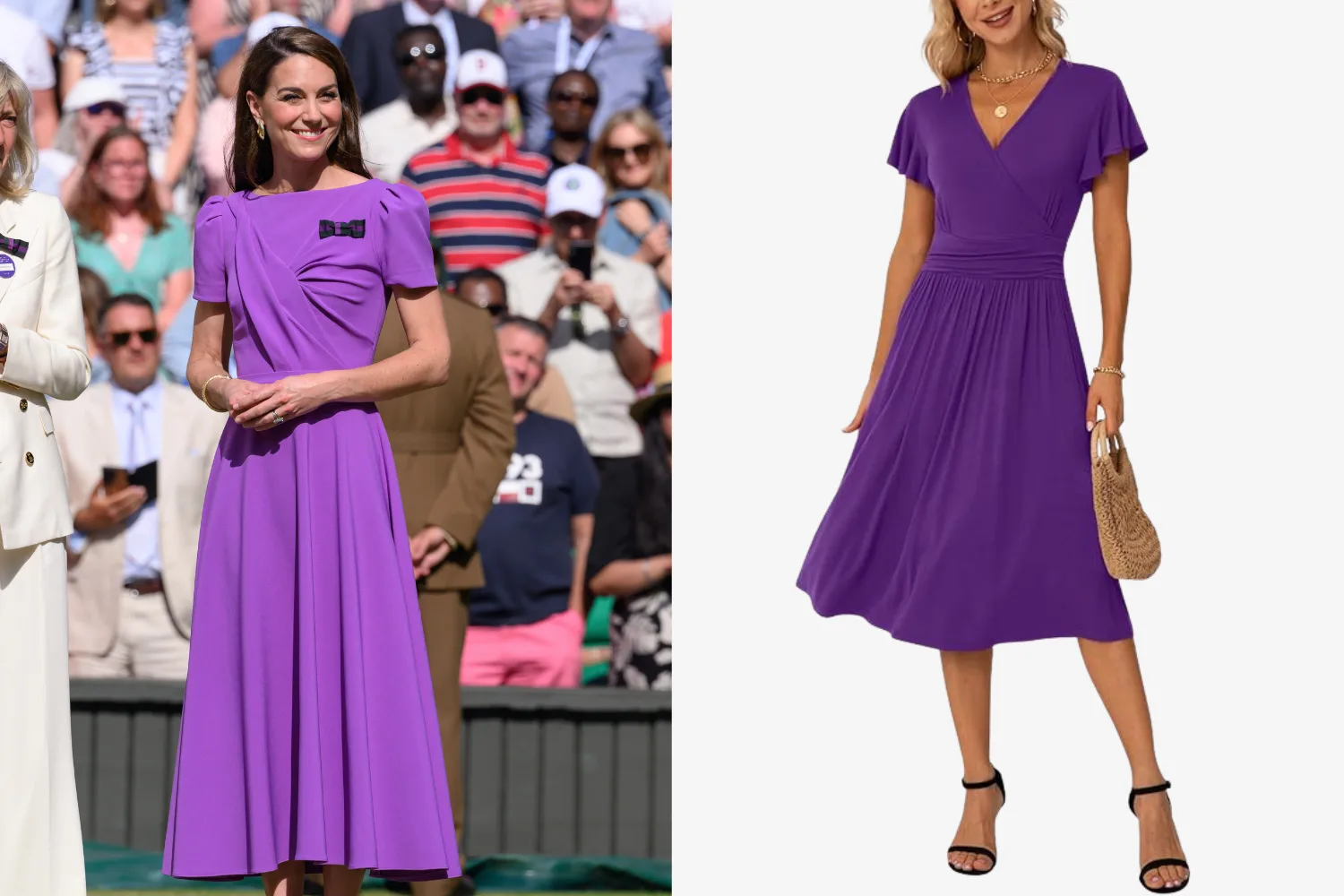Kate middleton at wimbledon in purple dress and model wearing amazon purple mid length dress with sleeves 