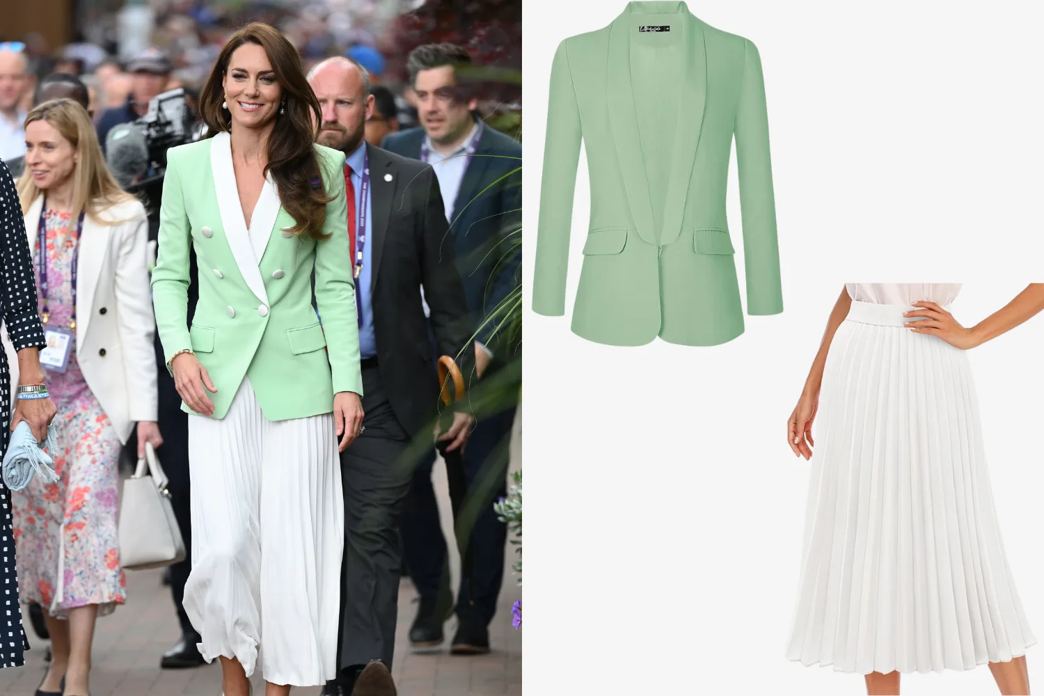 kate middleton attends wimbledon 2023 wearing pastel green blazer and white plated skirt next to image of amazon mint green blazar and white pleated midi skirt  