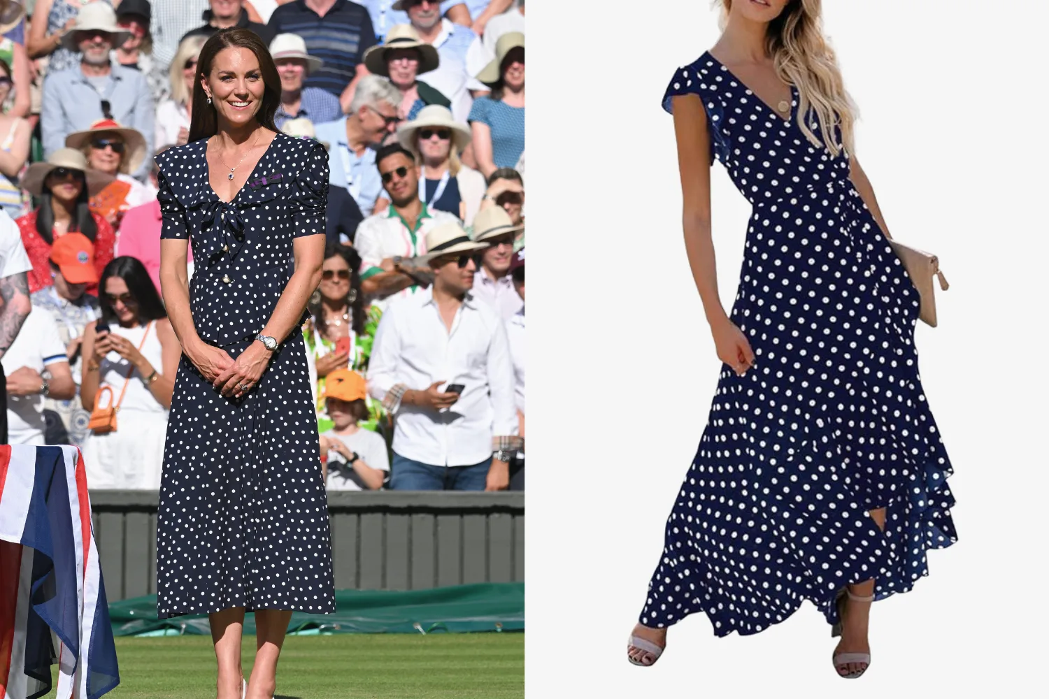 Kate Middleton attends Wimbledon 2022 in navy polka dot midi dress next to image of model wearing navy polka dot dress from amazon 