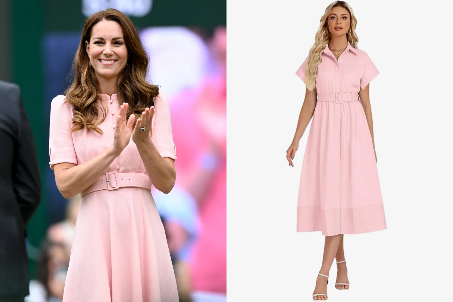 Kate Middleton attends Wimbledon championship tournament in 2021 waring light pink button up dress next to model wearing light pink midi dress from amazon 