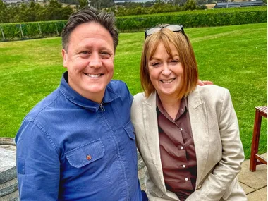 Darren Purchese with his wife Cath and on the set of Bake Off