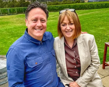Darren Purchese with his wife Cath and on the set of Bake Off