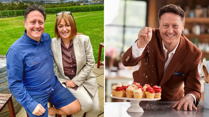 Darren Purchese with his wife Cath and on the set of Bake Off