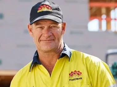 Foreman Keith wearing hi-vis during his time on The Block, and in hospital after his health scare