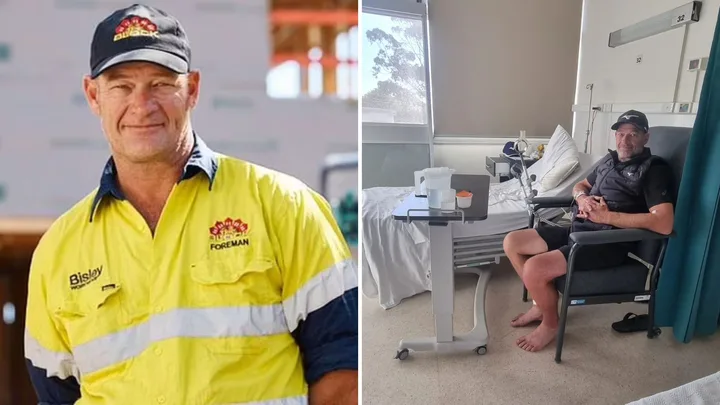 Foreman Keith wearing hi-vis during his time on The Block, and in hospital after his health scare