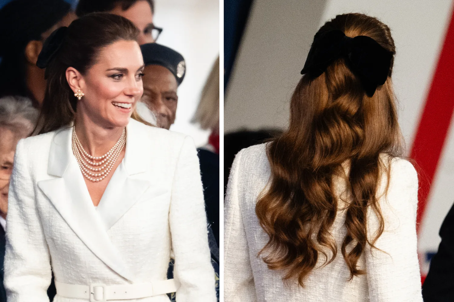 kate middleton smiling and wearing black bow in hair 