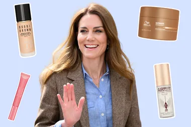Kate Middleton surrounded by hair and makeup products