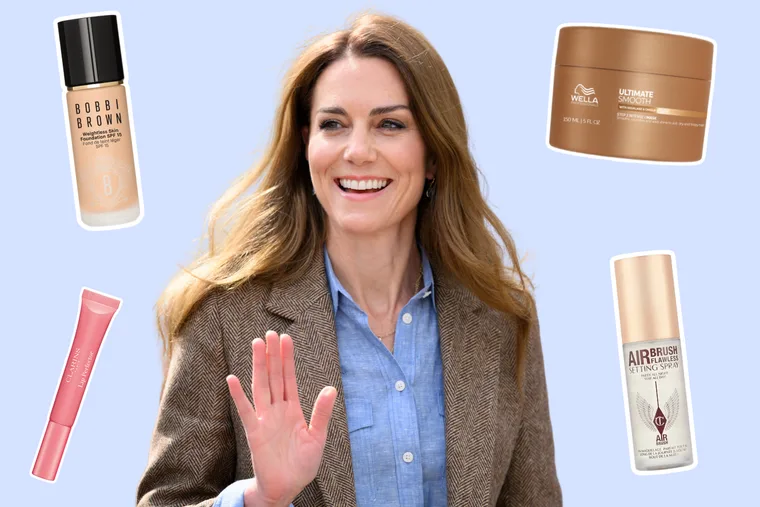 Kate Middleton surrounded by hair and makeup products