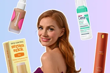 Jessica Chastain surrounded by new beauty products