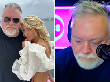 Kyle Sandilands with his wife Tegan and sharing news of his brain aneurysm on his radio show