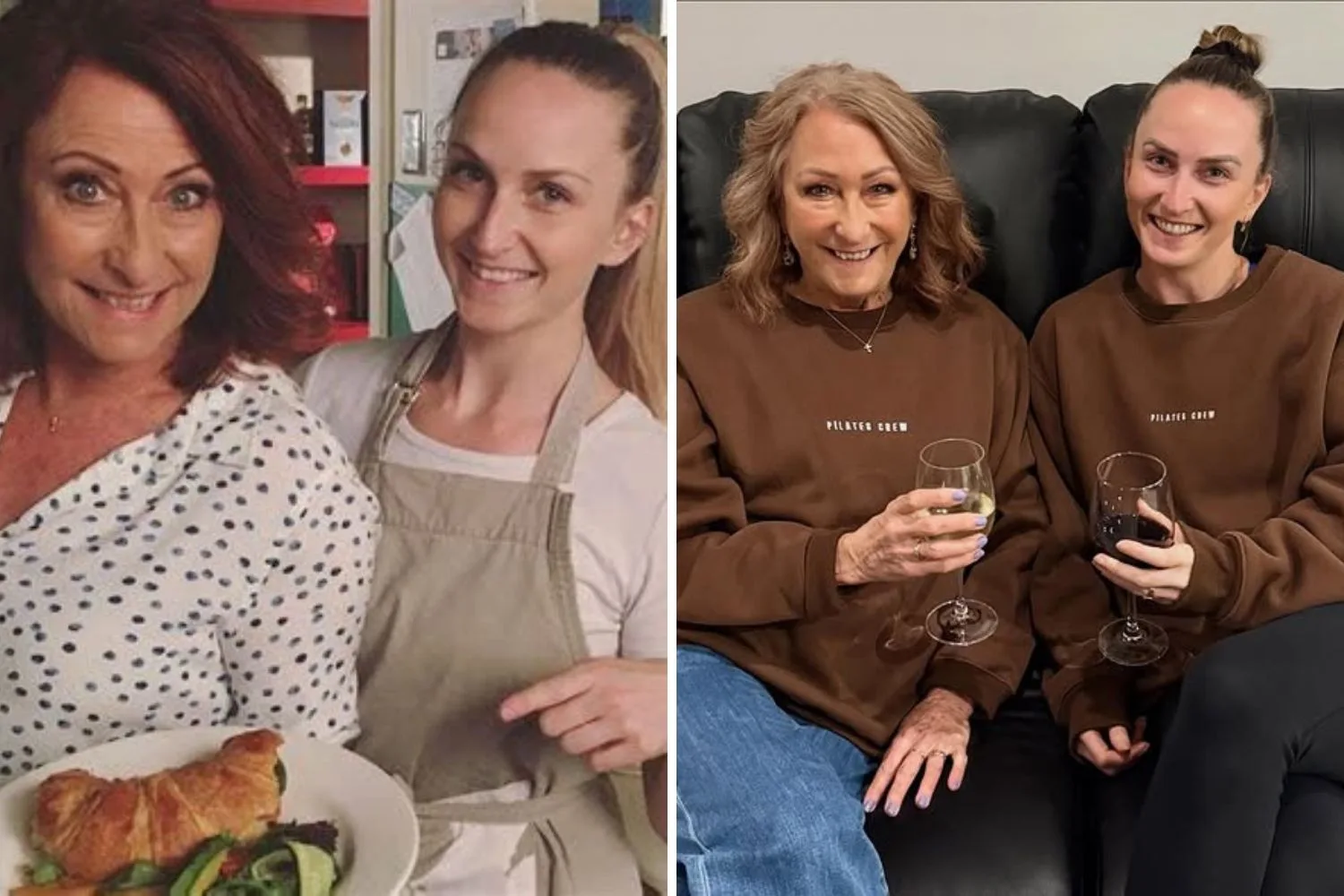 Lynne McGranger and daughter Clancy at the diner on Home and Away and sitting together on a couch with wine