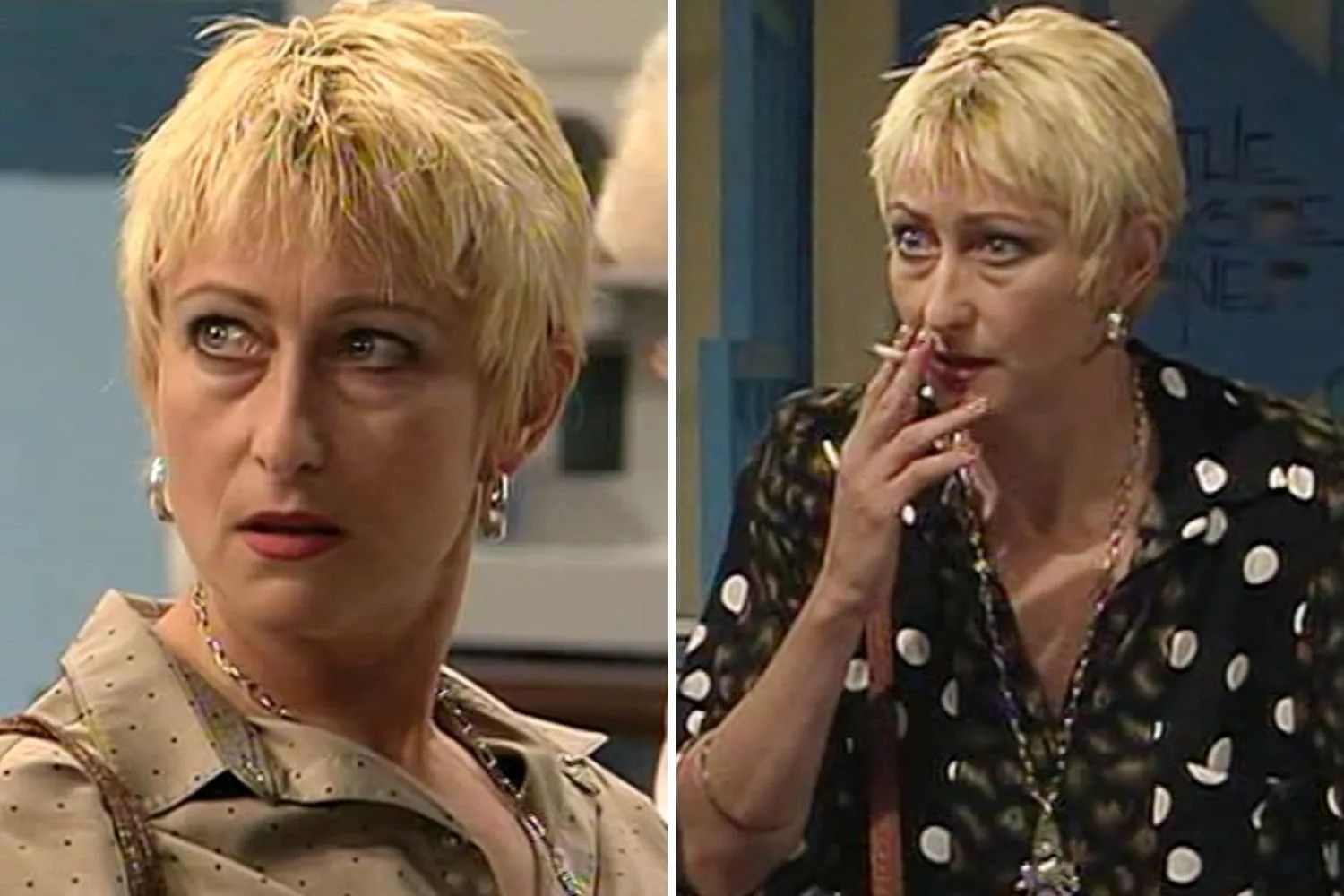 Lynne McGranger as Irene Roberts puffing on a cigarette in her first appearance on Home & Away