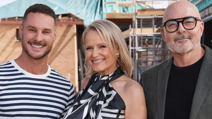 Neil Whitaker with The Block judges Darren Palmer and Shaynna Blaze