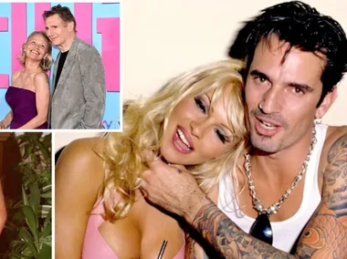 Pamela Anderson with, from left, David Charvet, Liam Neeson, Tommy Lee