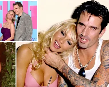 Pamela Anderson with, from left, David Charvet, Liam Neeson, Tommy Lee