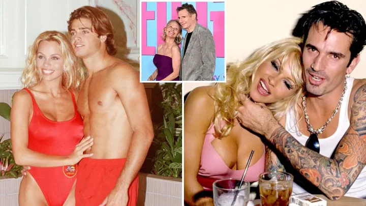 Pamela Anderson with, from left, David Charvet, Liam Neeson, Tommy Lee