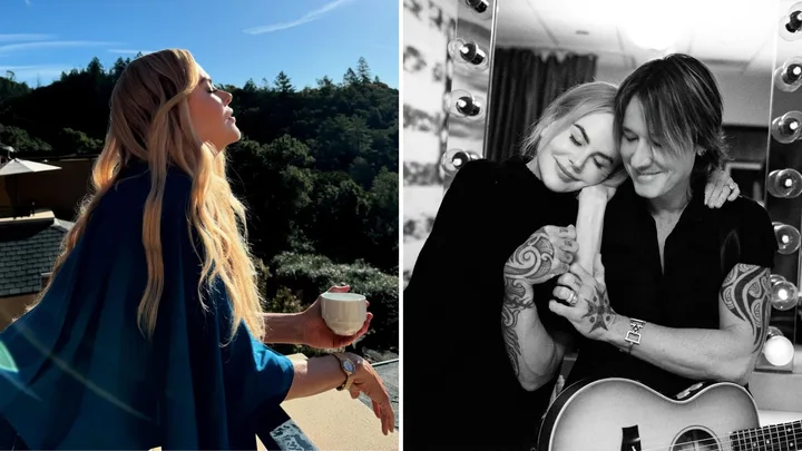 Nicole Kidman on her own, and a black and white photo of her and husband Keith Urban embracing