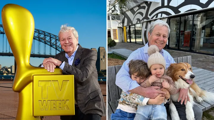 Ray Martin with a giant Logie and with his grandchildren and dog