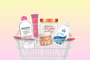 supermarket skincare products in a shopping basket