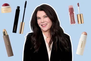 lauren graham surrounded by merit beauty products