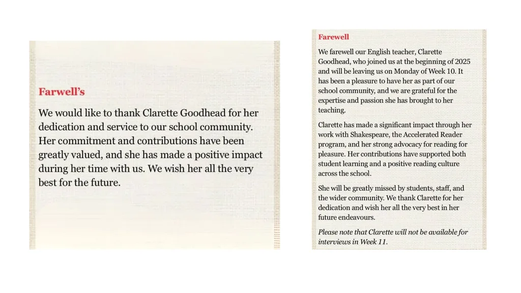 Wudinna Area School newsletter about Clarette Farmer Wants a Wife departure