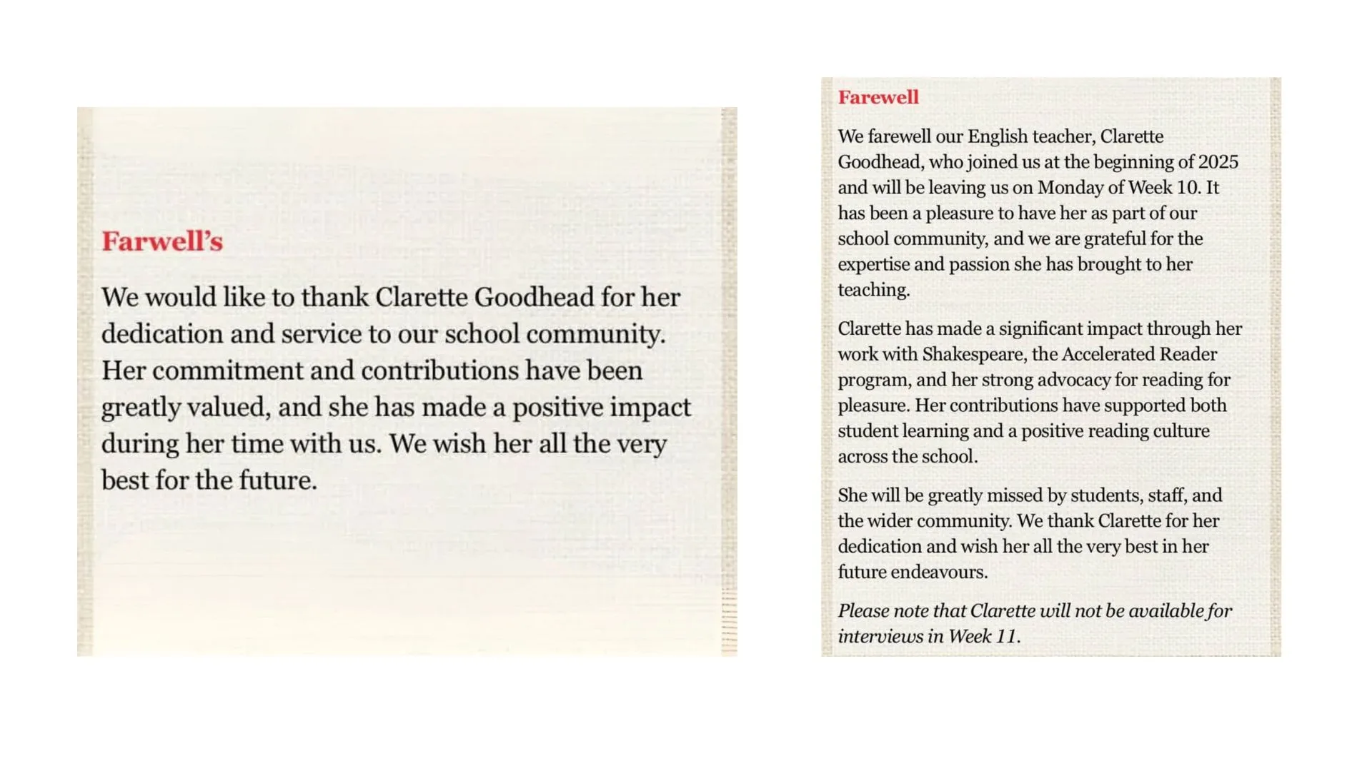 Wudinna Area School newsletter about Clarette Farmer Wants a Wife departure 