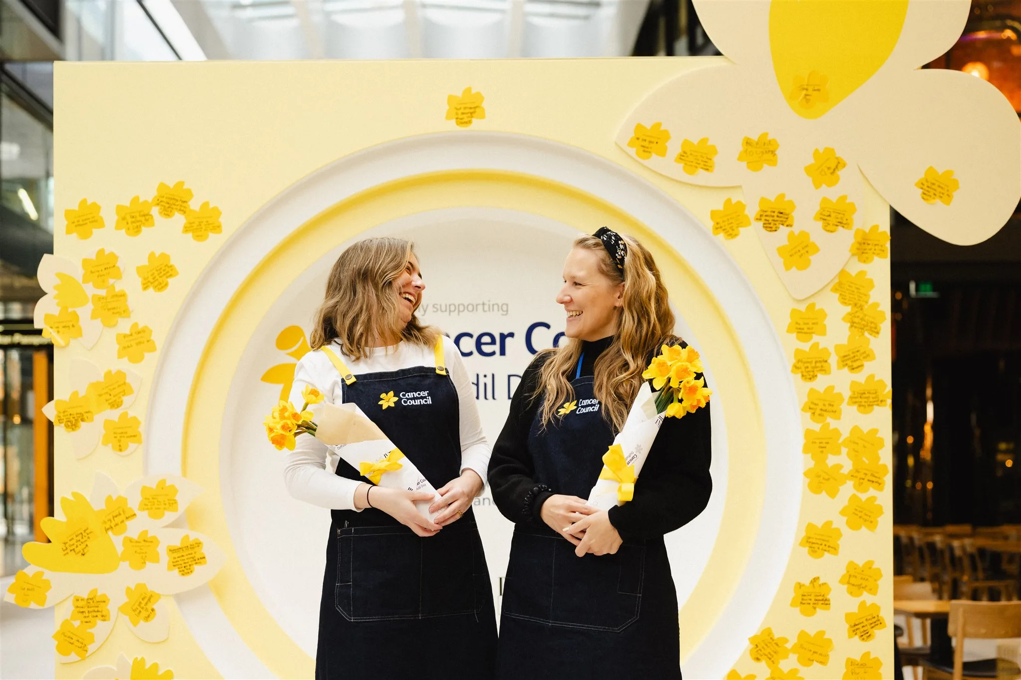 Two women holding daffodils