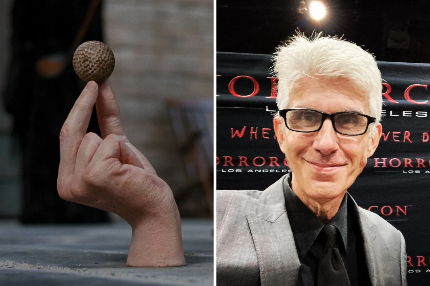 Christopher Hart's hand as Thing and pictured at an event in 2022