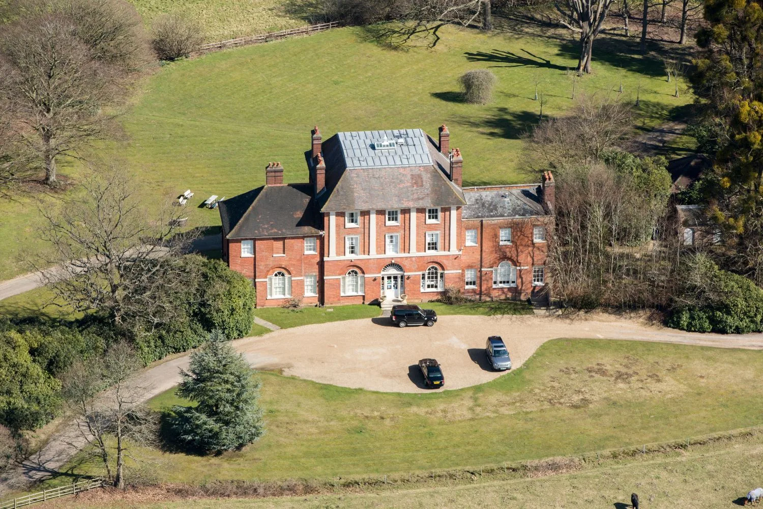 An exterior view of the red brick Forest Lodge mansion, the new home of the Prince and Princess of Wales