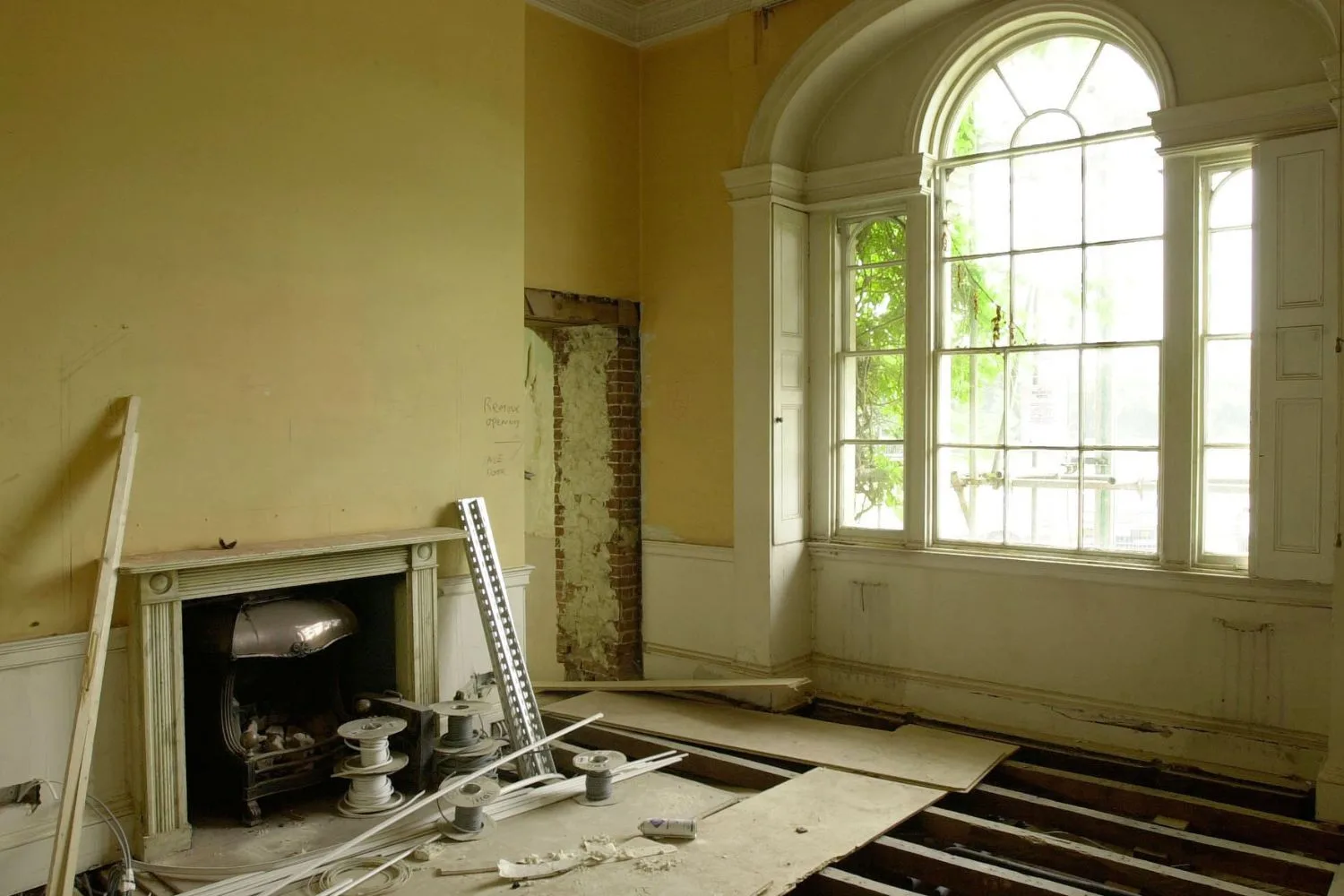 A view of one of the reception rooms at Forest Lodge in the middle of its 2001 renovation.