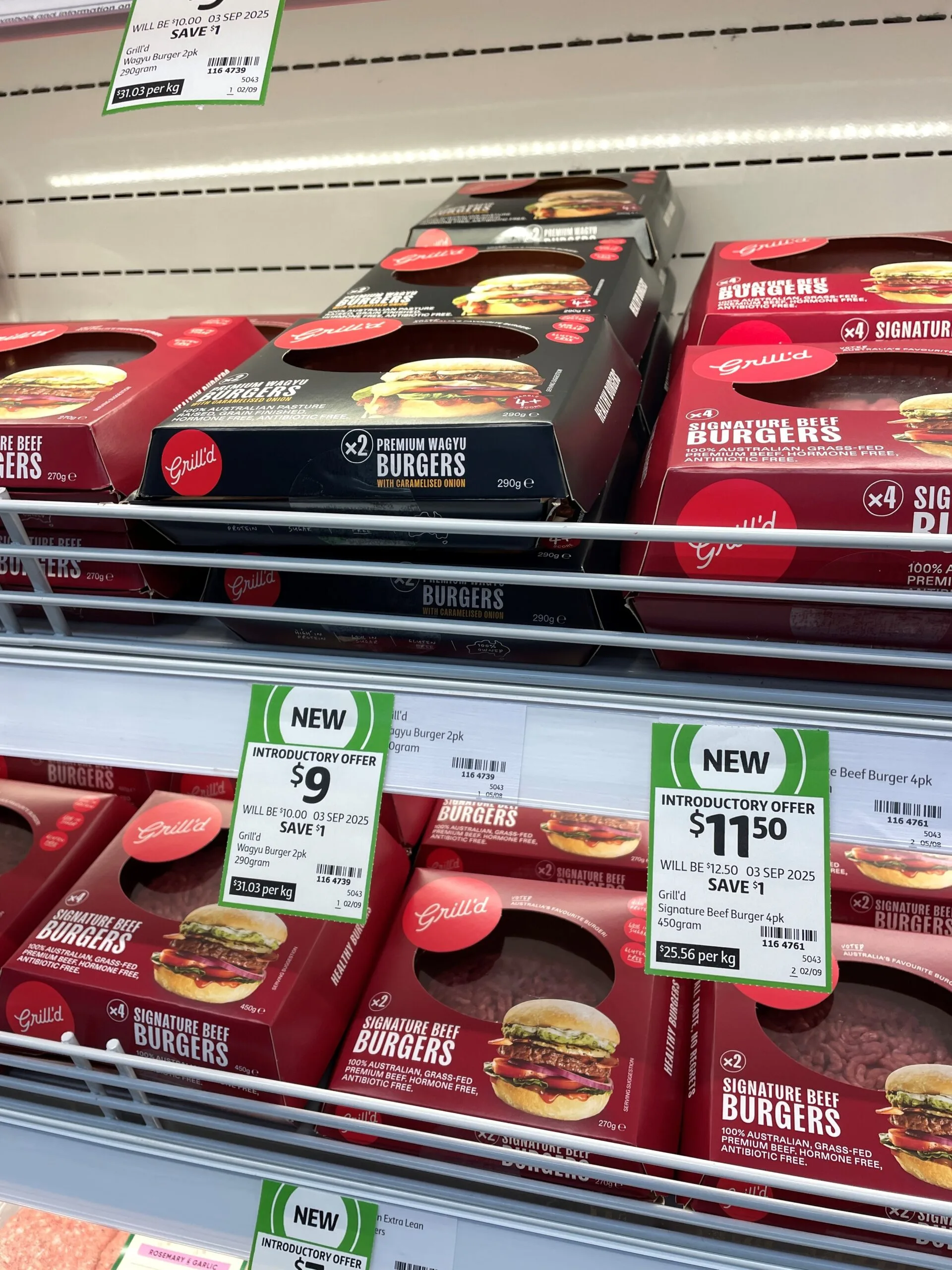 Grill'd Premium Wagyu and Signature Beef patties on the shelf at a Coles store