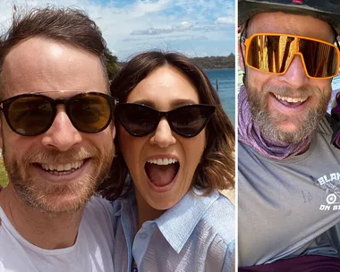 Hamish Blake with wife Zoe and one of their children