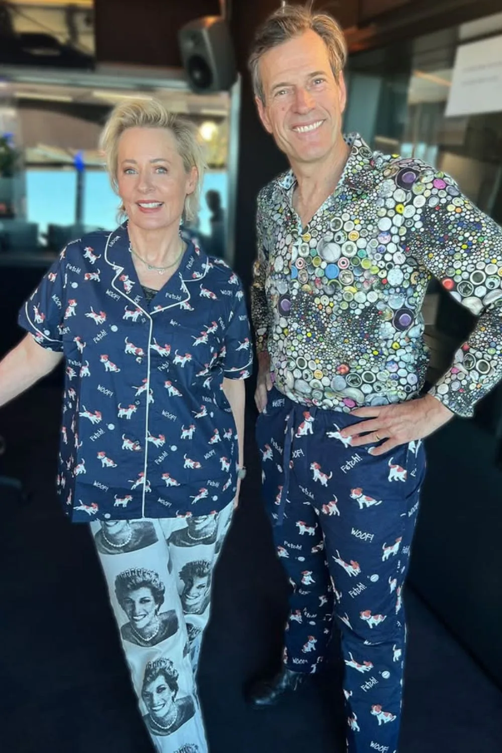 Jonesy and Amanda side by side wearing pyjamas