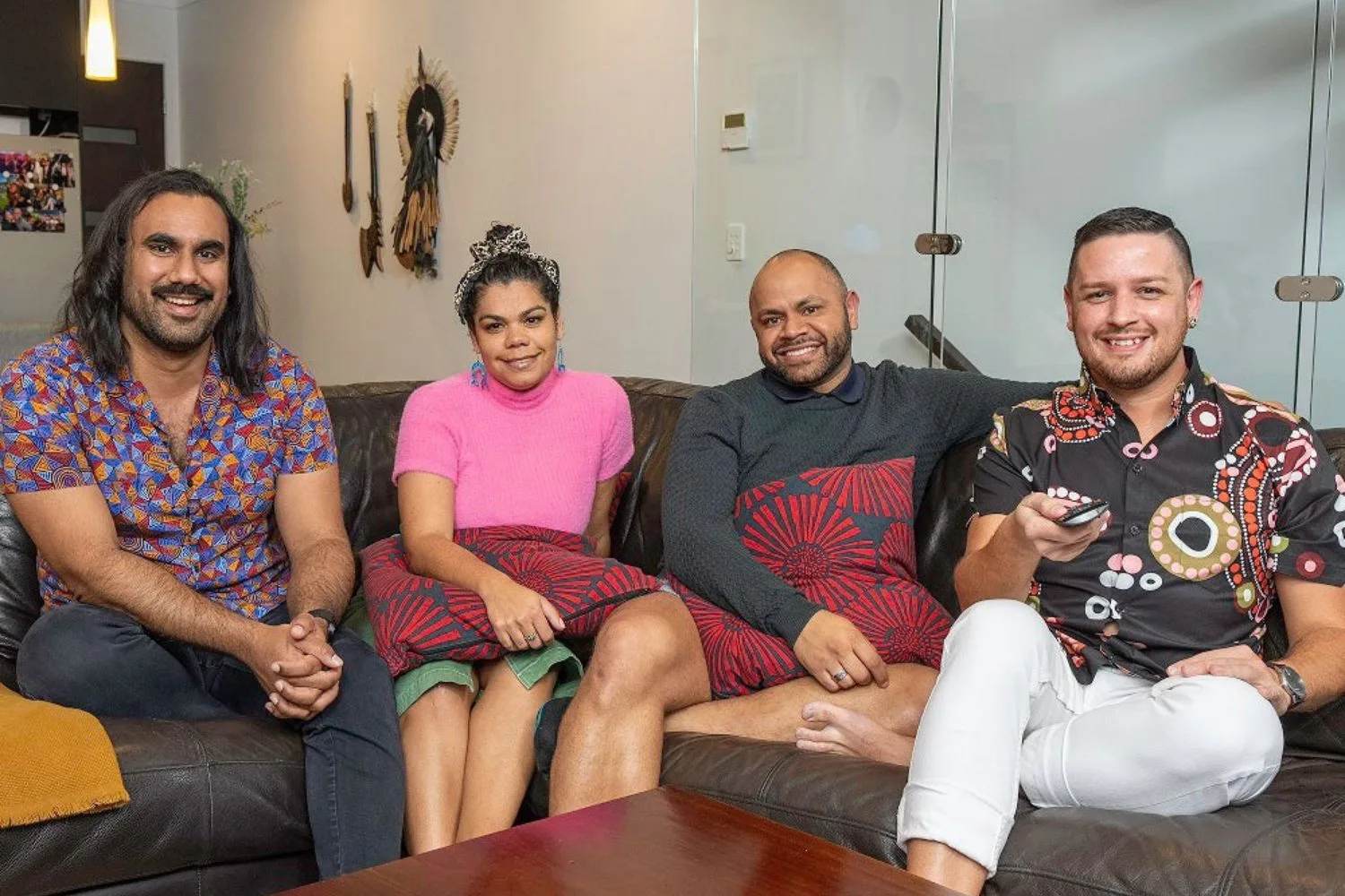 Kevin, Bob, Jared and Mia on the couch together for Gogglebox