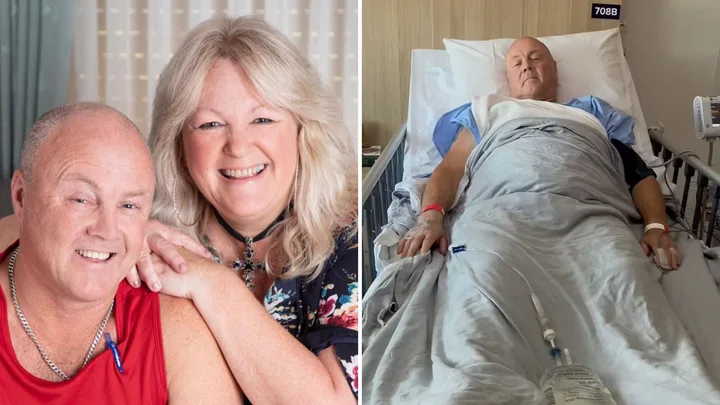Gogglebox stars Lee and Keith together and, right, Keith in hospital