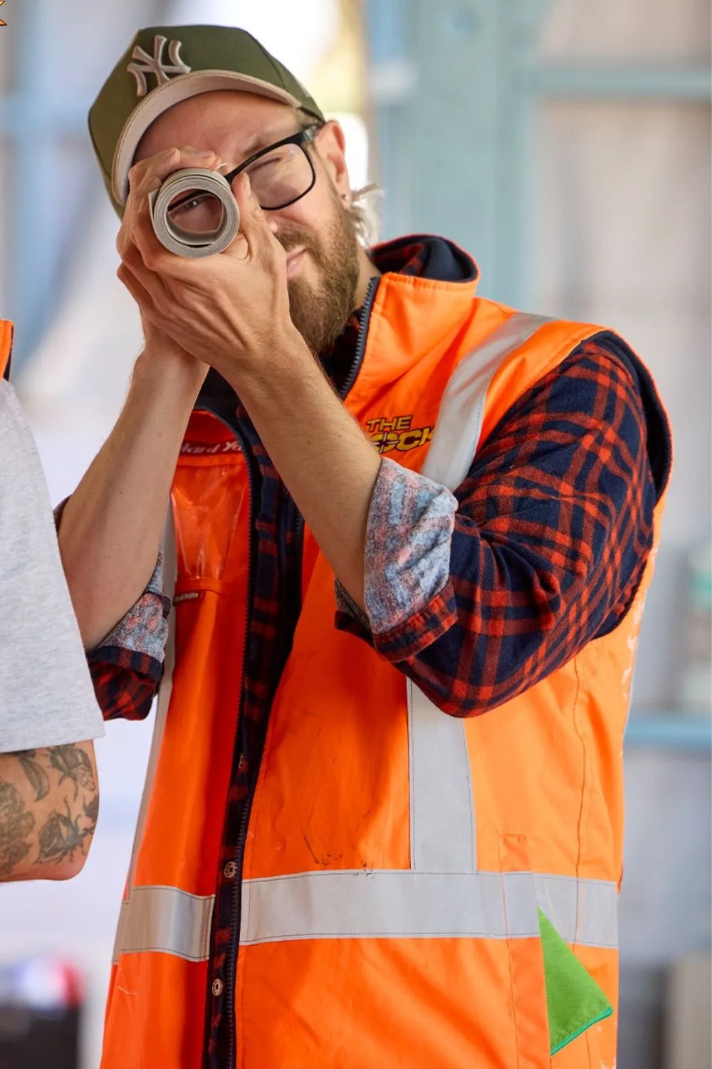 Mat peers through a pipe on The Block