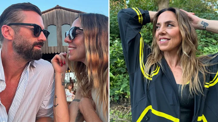 Mel C gazes at boyfriend Chris Dingwall, and stands with her hands on her head